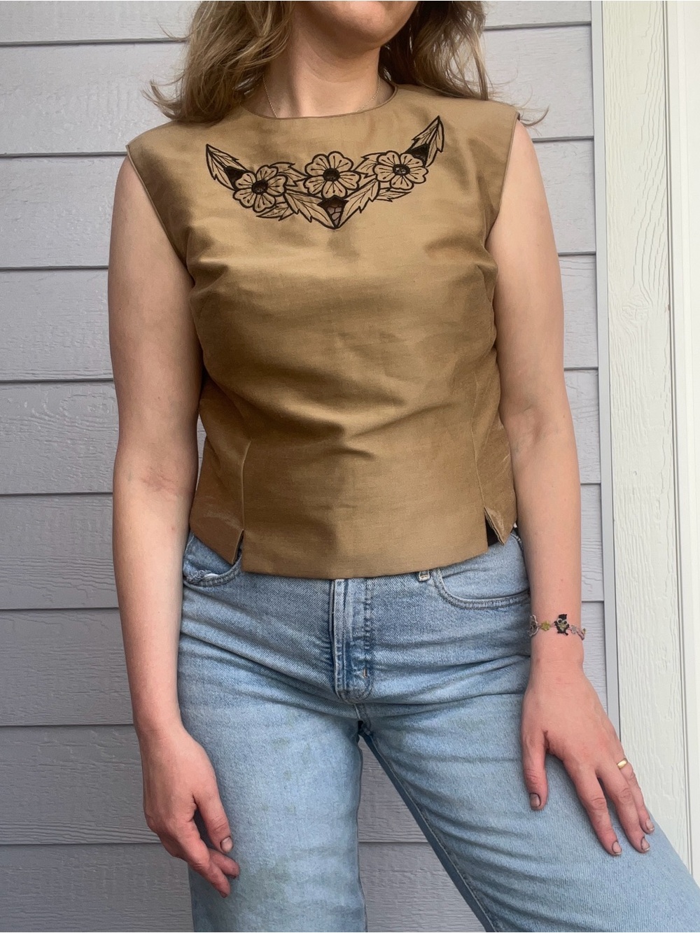 Sleeveless Brown Floral Embroidered Women’s Top